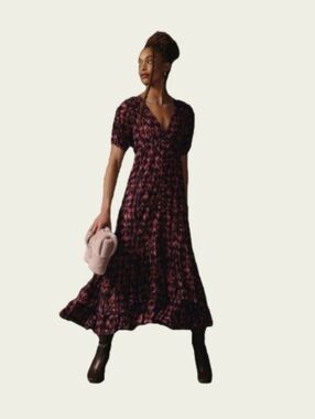 Anthropologie Printed Ruched-Sleeve Maxi Dress